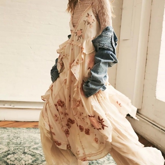 Free People Audrey Ruffled Embroidered Maxi Dress Copper Rose Rare - Picture 3 of 13